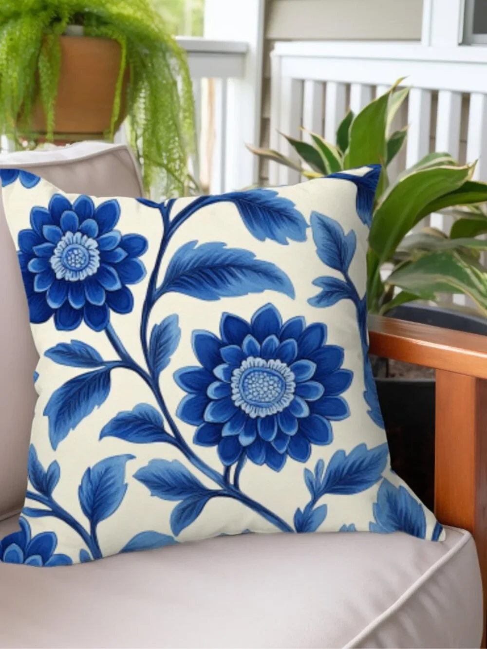 Set 2 Blue Floral Outdoor Pillows 16x16 Farmhouse French Country Decor